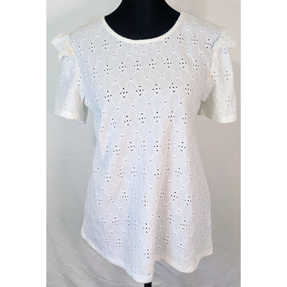 Storybuk White Eyelet Lace Ruffle Short Sleeve Top - Size Small